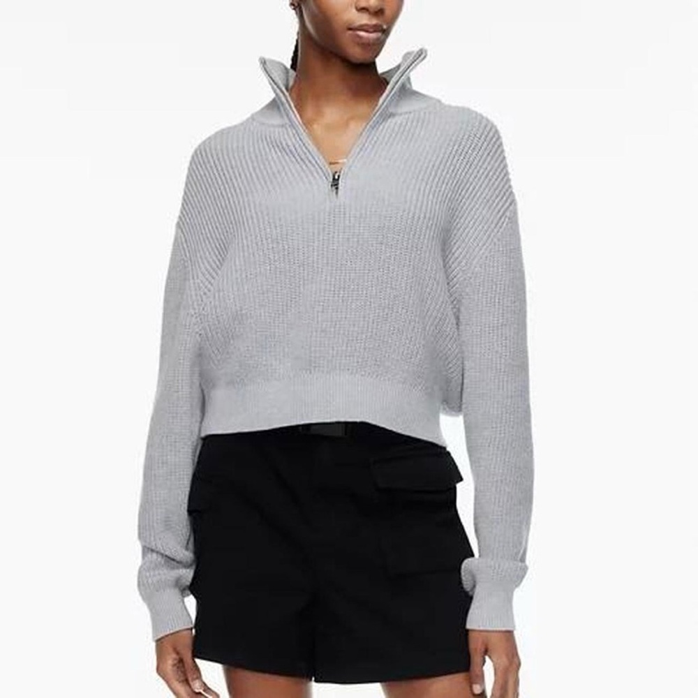 EUC Aritzia Tna Ashbury Quarter Zip Grey Ribbed Knit Cropped XXS Sweater​
